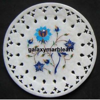 Marble inlay wall plate  with  filgree work in lapis-turquoise combination plate Pl-614