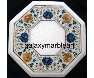 Decorative stones inlaid white marble table top 12" WP-1201